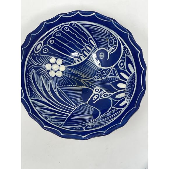 Vintage Mexican Folk Art Bird Pottery Small Footed Hand Painted Trinket Bowl - Picture 7 of 8